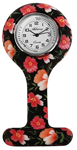 Adrina Unisex – Uhr Krankenschwesteruhr Silikon Ansteckuhr Analog Quarz 410000X (schwarz Blumen) von Adrina