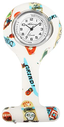 Adrina Unisex – Uhr Krankenschwesteruhr Silikon Ansteckuhr Analog Quarz 410000X (weiß Schriftzüge) von Adrina