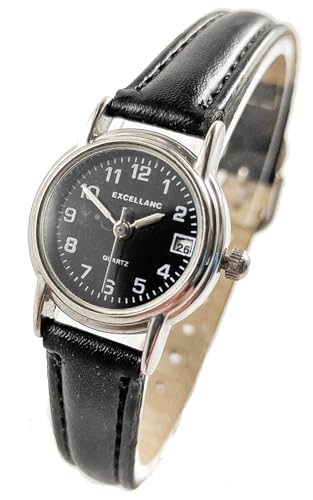 Dezente Excellanc Damenuhr Schwarz Silber Datum Edelstahl Kunstleder Analog Quarz Frauen von Adrina