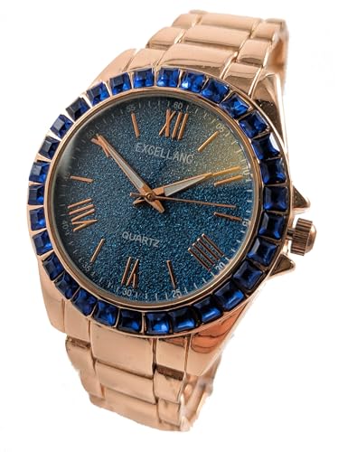 Excellanc Damenuhr Blau Gold Strass Steine Edel Edelstahl Analog Quarz Frauen von Adrina