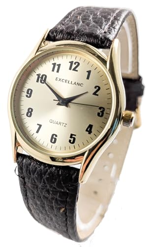 Excellanc Damenuhr Gold Schwarz Edelstahl Kunstleder Analog Quarz Frauen von Adrina