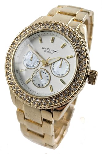 Excellanc Damenuhr Weiß Rosègold Strass Steine Edel Edelstahl Analog Chrono Look Quarz Frauen von Adrina