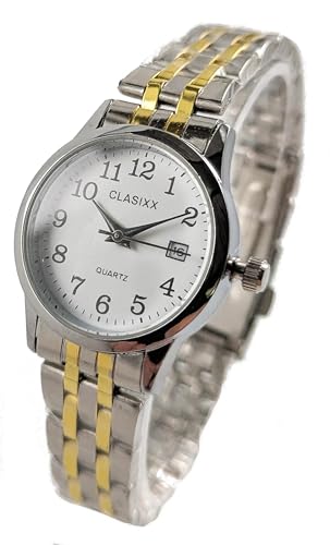 Excellanc Damenuhr Weiß Silber Gold Datum Edel Edelstahl Analog Quarz Frauen von Adrina