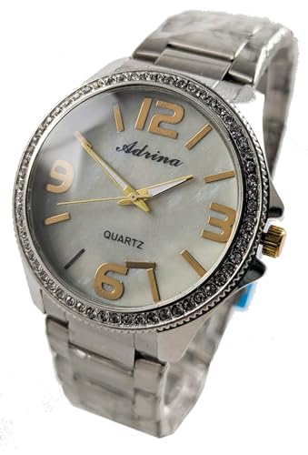 Excellanc Damenuhr Weiß Silber Perlmutt Strass Steine Edel Edelstahl Analog Quarz Frauen von Adrina