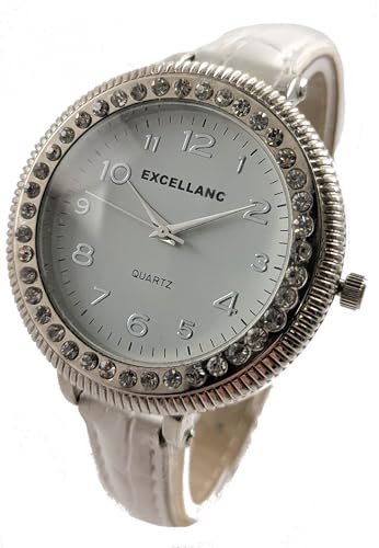 Excellanc Damenuhr Weiß Silber Strass Edelstahl Kunstleder Analog Quarz Frauen von Adrina