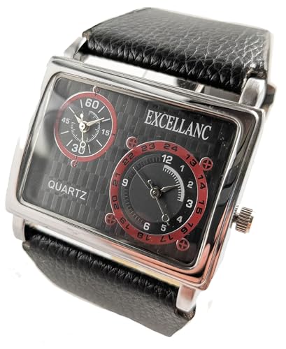 Große Herrenuhr Schwarez Rot Silber Dual Time 2 Zeitzonen Kunstleder Analog Quarz Männer von Adrina