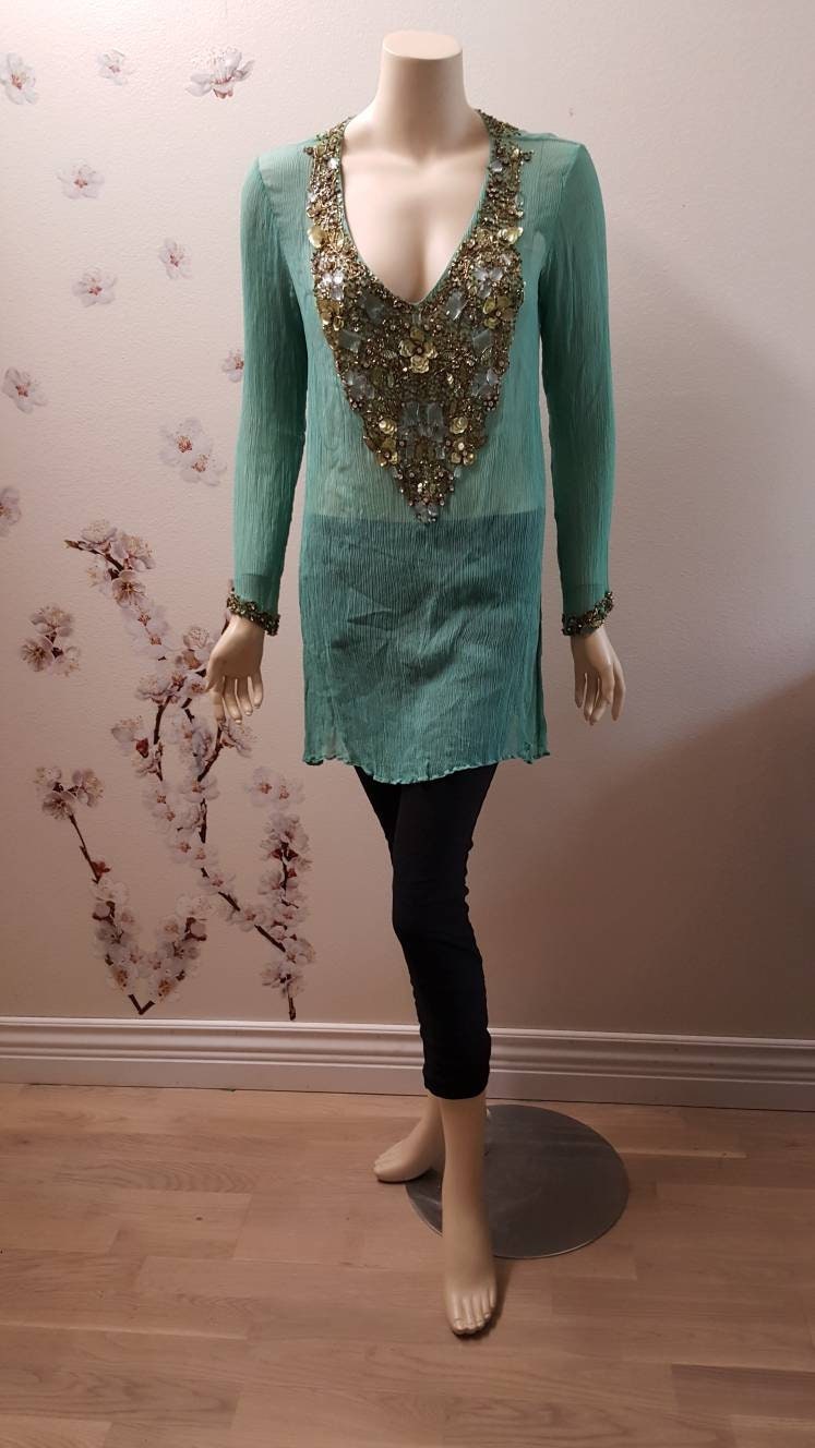 Frühlingsverkauf 10% Off - Reine Seide Seegrün Kurti Kurta/ Chiffon Top Tunika von AdritiCouture