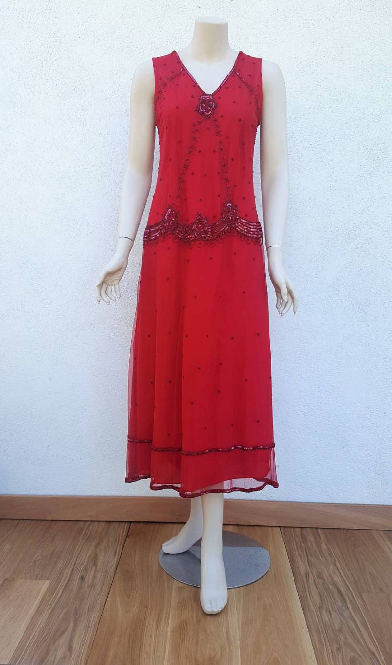 Frühlingsverkauf - Perlen Netzrotes Kleid/Partykleid Promkleid Abendkleid Mittelkalb Ärmelloses Paillettenkleid Auf Bestellung Jede Farbgröße von AdritiCouture