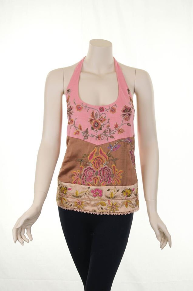 Pink Und Pfirsich Halter Hals Voll Handbestickt Bestickt Top - /Luxus Kleidung von AdritiCouture