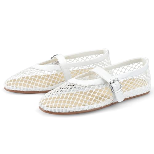 Adrizzlein Netz-Ballerinas für Damen, Fischnetz-Ballerinas, Schnallenriemen, Netz-Ballerinas, breite Breite, lässiges Sommerkleid, flache Schuhe, Weiss/opulenter Garten, 41 EU von Adrizzlein