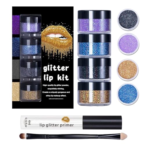 Adsfvs Glitzer Lippen - Hochpigmentiertes Pulver mit Primer und Pinsel für Lippenkosmetik,Glänzendes Makeup Set für Frauen als Geschenk zu Hochzeit Halloween Party Weihnachten Familienfeier von Adsfvs