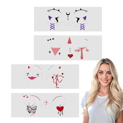 Adsfvs Kostümaufkleber,Halloween Temporäre Aufkleber,Temporäres Gesichts-Make-up - Wasserdichte Geister-Kunstblutflecken-Gesichtsaufkleber, 4 x lustige Halloween-Aufkleber für Gesicht und Körper von Adsfvs