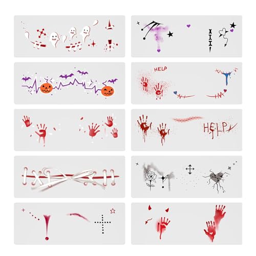Adsfvs Make-up-Aufkleber Halloween,Halloween-Make-up-Gesichtsaufkleber | Halloween-Make-up mit Blutmuster - 10X Hexen-Make-up für Frauen, Halloween-Make-up für Erwachsene, Gesicht, Arme von Adsfvs