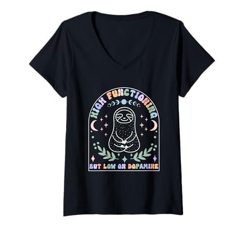 Damen Lustiges ADHS-Faultier hochfunktionierend wenig Dopamin T-Shirt mit V-Ausschnitt Damen Lustiges ADHS-Faultier hochfunktionierend wenig Dopamin T-Shirt mit V-Ausschnitt von Adult ADHD AuDHD Mental Health Awareness