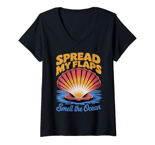 Damen Lustiger Spruch Spread My Flaps Smell The Ocean Humor Women Men T-Shirt mit V-Ausschnitt Damen Lustiger Spruch Spread My Flaps Smell The Ocean Humor Women Men T-Shirt mit V-Ausschnitt von Adult Beach Joke Seashell Ocean Summer Sarcasm