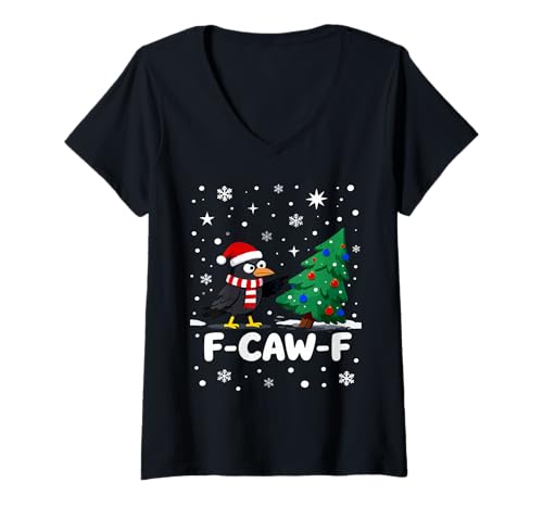 Damen F-CAW-F Weihnachtskrähe Santa Hut Feiertag Rabe Herren Damen T-Shirt mit V-Ausschnitt von Adult F-CAW-F Christmas Holiday