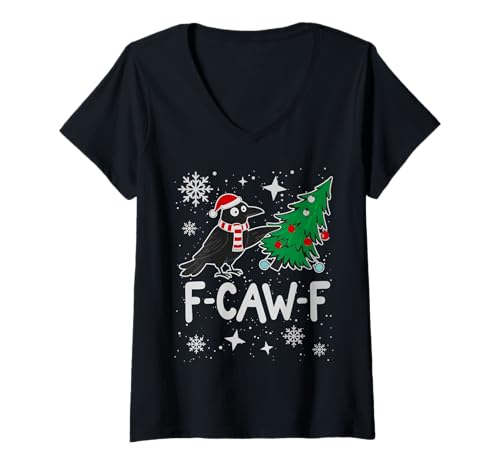 Damen F-CAW-F Weihnachtskrähe Santa Hut Feiertag Rabe Herren Damen T-Shirt mit V-Ausschnitt von Adult F-CAW-F Christmas Holiday