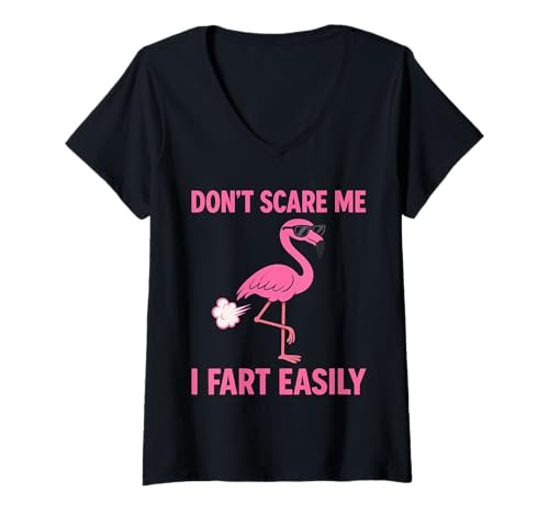 Damen Don't Scare Me I Fart Easily Peinliches Meme Pink Flamingo T-Shirt mit V-Ausschnitt von Adult Humor Don't Scare Me I Fart Easily Women Tee