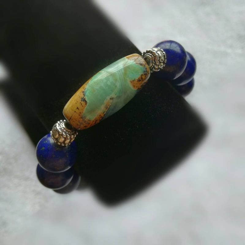 Natürlicher Lapis Lazuli Mit Dzi/Schiefer Edelstein Rund Perlen Armband Vintage von AdvancedCollectibles