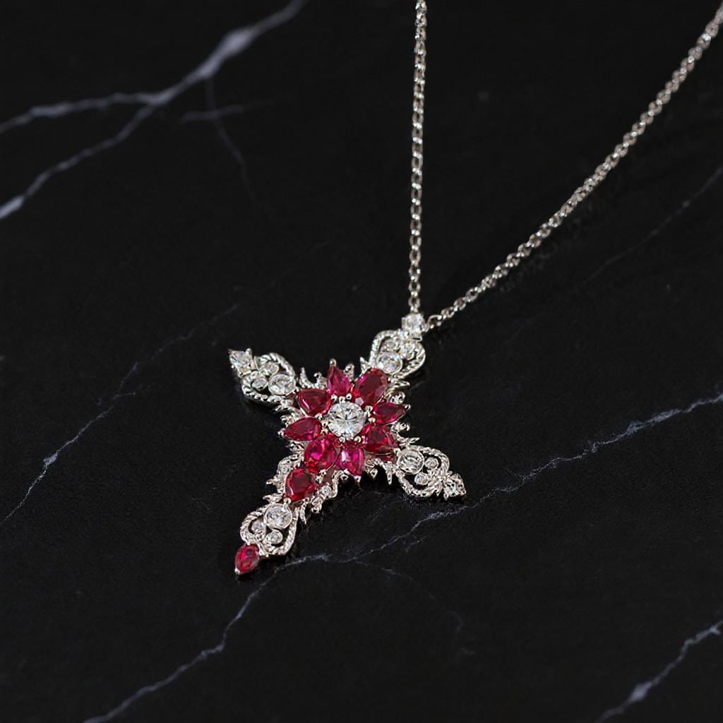 S925 Silber Rubin Kreuz Halskette, Vintage Roter Anhänger Mit Zirkone, Eleganter Damen Schmuck, Geschenk Für Sie S925 Silber Rubin Kreuz Halskette, Vintage Roter Anhänger Mit Zirkone, Eleganter Damen Schmuck, Geschenk Für Sie von Advantia