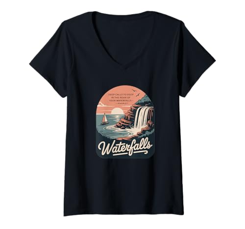 Damen Retro-Reiseästhetik von Mountain Sun T-Shirt mit V-Ausschnitt Damen Retro-Reiseästhetik von Mountain Sun T-Shirt mit V-Ausschnitt von Adventure Art