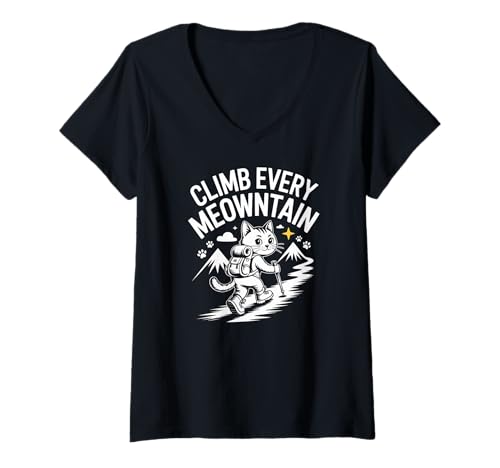 Damen Erklimmen Sie jeden Katzenabenteuerspaß in den Meontain T-Shirt mit V-Ausschnitt von Adventure Cat Climb Every Meowntain