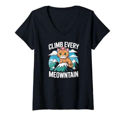 Damen Climb Every Meowntain Cute Cat Abenteuerspaß T-Shirt mit V-Ausschnitt Damen Climb Every Meowntain Cute Cat Abenteuerspaß T-Shirt mit V-Ausschnitt von Adventure Cat Enthusiasts Outdoor Lovers