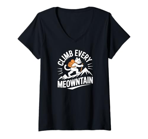 Damen Erklimmen Sie jedes Meontain Cat Wanderabenteuer T-Shirt mit V-Ausschnitt von Adventure Cat Hiking Mountain Journey Fun