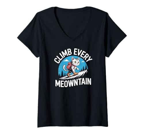 Damen Lustiges Katzenwandermotiv „Climb Every Meowntain“ T-Shirt mit V-Ausschnitt von Adventure Cat Lovers Mountain Climbers