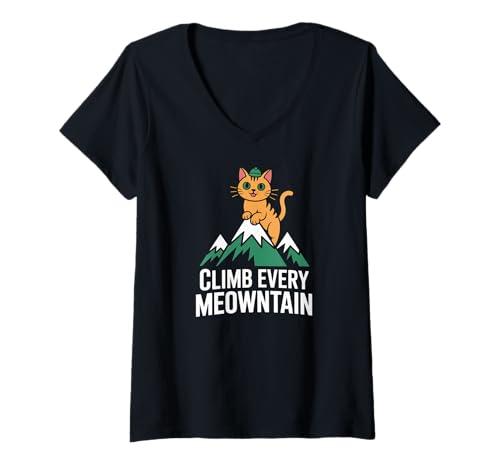 Damen Erklimmen Sie jeden Memowntain Cat Wanderspaß T-Shirt mit V-Ausschnitt von Adventure Cat Mountain Hiking Fun