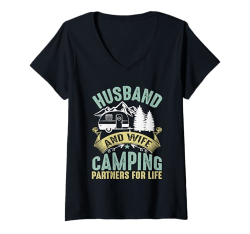 Damen Husband Wife Camping Partners Life RV Lovers T-Shirt mit V-Ausschnitt von Adventure Couple Camping Gear