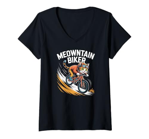 Damen Meowntain Biker Lustige Katze Radfahren T-Shirt mit V-Ausschnitt Damen Meowntain Biker Lustige Katze Radfahren T-Shirt mit V-Ausschnitt von Adventure Cycling Cat Humor Fun Design