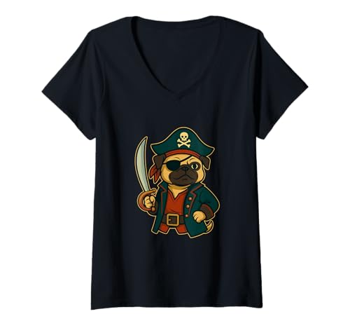 Damen Piraten-Mops-Grafik lustige Hunde-Liebhaber-Bekleidung T-Shirt mit V-Ausschnitt Damen Piraten-Mops-Grafik lustige Hunde-Liebhaber-Bekleidung T-Shirt mit V-Ausschnitt von Adventure Dogs and Humor Tees