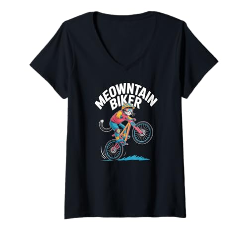 Damen Meowntain Biker Cat Radabenteuer T-Shirt mit V-Ausschnitt von Adventure Feline Mountain Cycling Fun