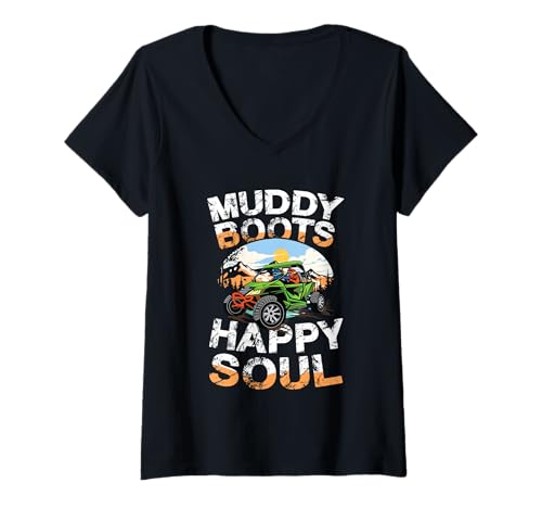 Damen Muddy Boots Happy Soul Offroad-Abenteuer T-Shirt mit V-Ausschnitt Damen Muddy Boots Happy Soul Offroad-Abenteuer T-Shirt mit V-Ausschnitt von Adventure Offroad Muddy Trails Exploration