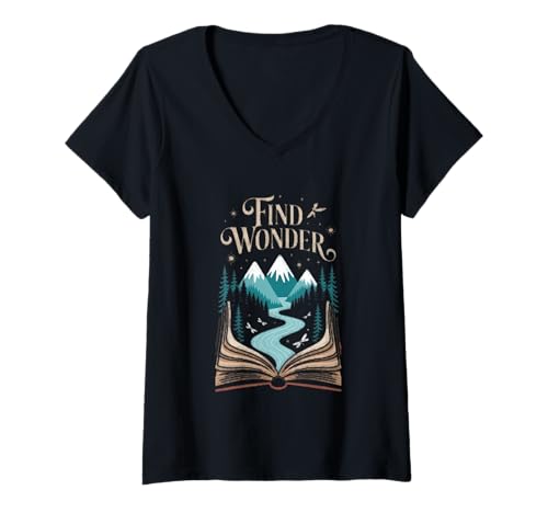 Damen Finde Wonder Mountains Open Book Adventure T-Shirt mit V-Ausschnitt Damen Finde Wonder Mountains Open Book Adventure T-Shirt mit V-Ausschnitt von Adventure Reading Nature Mountains Open Book