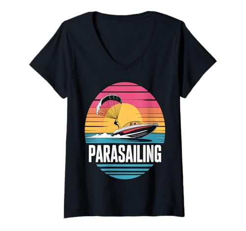 Damen Parasailing im Retro-Sonnenuntergang T-Shirt mit V-Ausschnitt von Adventure Water Sports Apparel