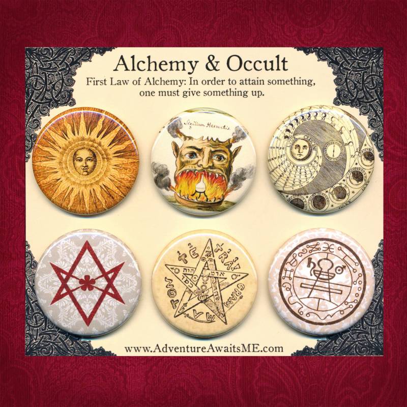 Alchemie & Okkult Pinback Button Set - Pins Anstecker Sonne Mond Mondphasen Unicursal Hexigramm Pentakel Pentagramm Supernatural Dämon Solomon von AdventureAwaitsUs