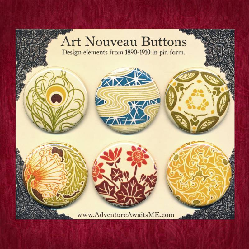 Jugendstil Buttons Set - Pfauenfedern Blumen Blätter Motten Design Ornament Art Deco Illustration Elegant Vintage von AdventureAwaitsUs