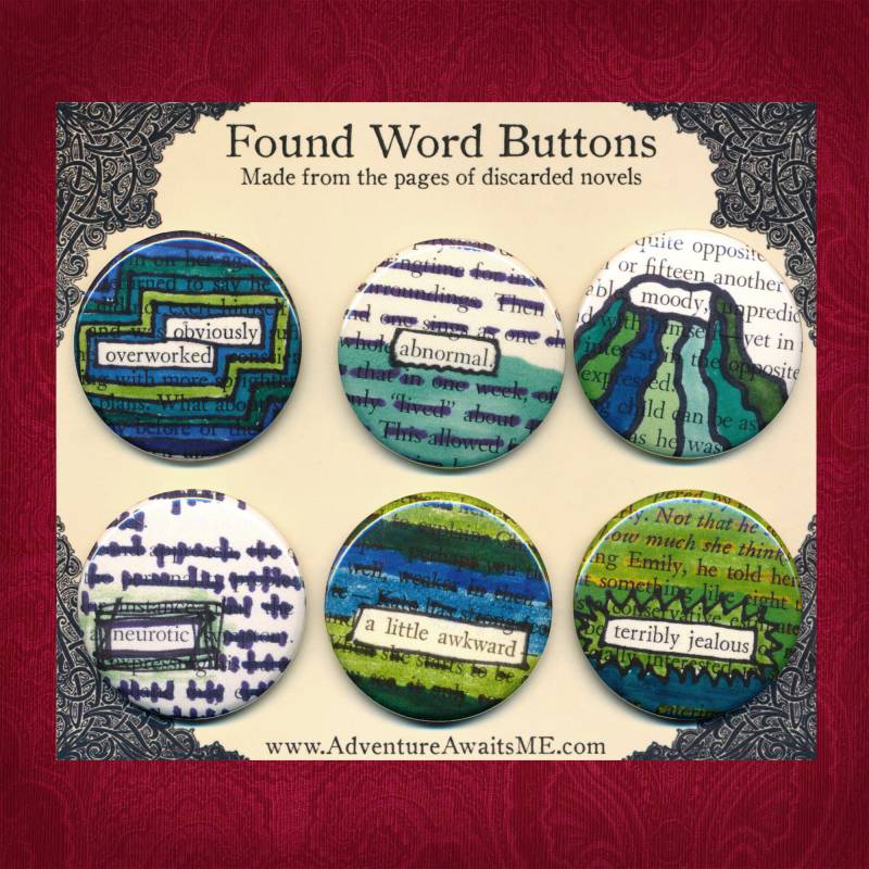 Overworked Kette , Gefunden Wort Button Set - Buchseiten Recycelt Pins Abzeichen Überarbeitet Leser Schriftsteller Bibliothekar Englisch Lehrer von AdventureAwaitsUs