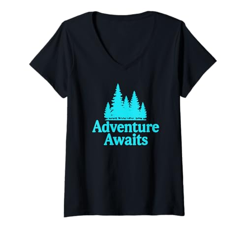 Damen EIN Abenteuer erwartet Sie im Wald mit türkisfarbenen Bäumen T-Shirt mit V-Ausschnitt Damen EIN Abenteuer erwartet Sie im Wald mit türkisfarbenen Bäumen T-Shirt mit V-Ausschnitt von Adventurous Camper Design Co.