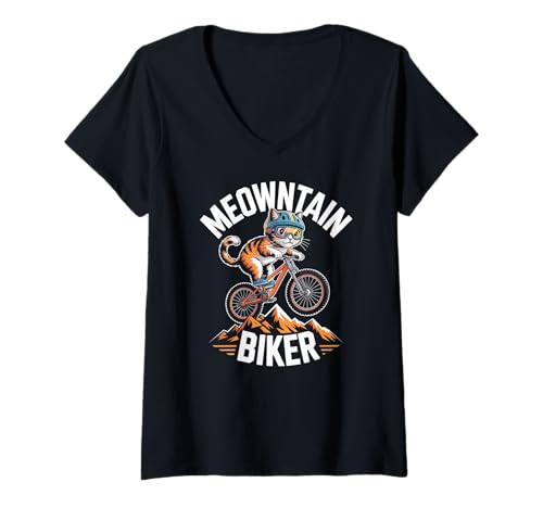 Damen Meowntain Biker Cat auf einem Fahrradabenteuer T-Shirt mit V-Ausschnitt Damen Meowntain Biker Cat auf einem Fahrradabenteuer T-Shirt mit V-Ausschnitt von Adventurous Cat Cycling Feline Humor