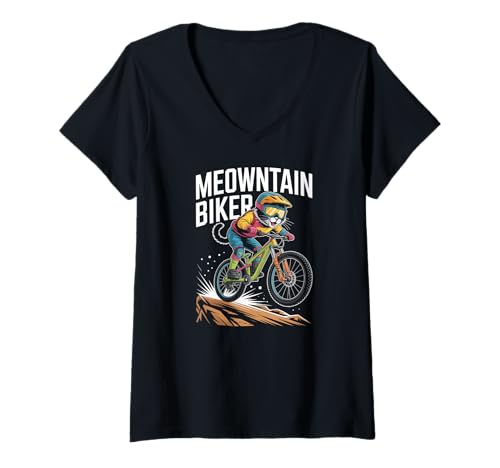 Damen Meowntain Biker-Katzen-Fahrrad-Humor T-Shirt mit V-Ausschnitt Damen Meowntain Biker-Katzen-Fahrrad-Humor T-Shirt mit V-Ausschnitt von Adventurous Cat Lovers Cycling Fun