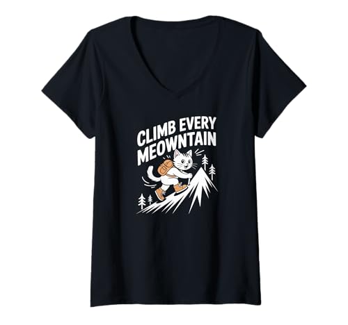 Damen Erklimmen Sie jedes Meontain-Katzenabenteuer T-Shirt mit V-Ausschnitt von Adventurous Cat Mountain Hiking Humor