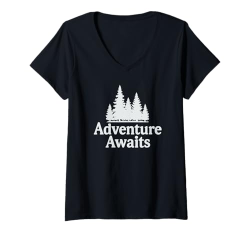 Damen Adventure Awaits - Bäume Weiß T-Shirt mit V-Ausschnitt von Adventurous Design Co.