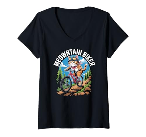 Damen Meowntain Biker Abenteuerliche Katze auf dem Fahrrad T-Shirt mit V-Ausschnitt von Adventurous Feline Cycling Fun Trails Nature