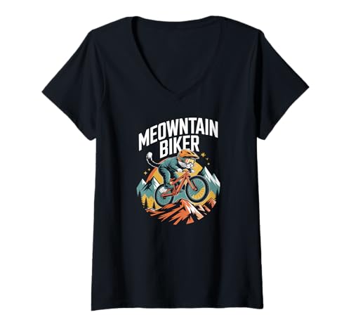 Damen Meowntain Biker-Katzenabenteuer T-Shirt mit V-Ausschnitt von Adventurous Mountain Cat Cycling Fun