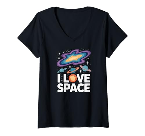 Damen Ich liebe den Weltraum, kosmische Abenteuerplaneten T-Shirt mit V-Ausschnitt Damen Ich liebe den Weltraum, kosmische Abenteuerplaneten T-Shirt mit V-Ausschnitt von Adventurous Universe Cosmic Exploration