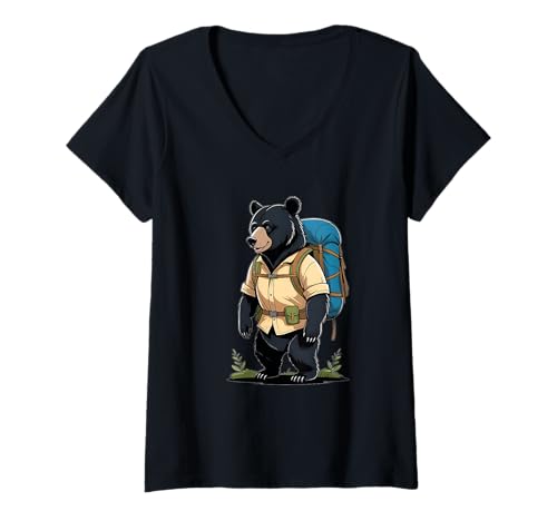 Damen Black Bear Backpacker Wildnis Trekking T-Shirt mit V-Ausschnitt Damen Black Bear Backpacker Wildnis Trekking T-Shirt mit V-Ausschnitt von Adventurous Wildlife Explorers Club