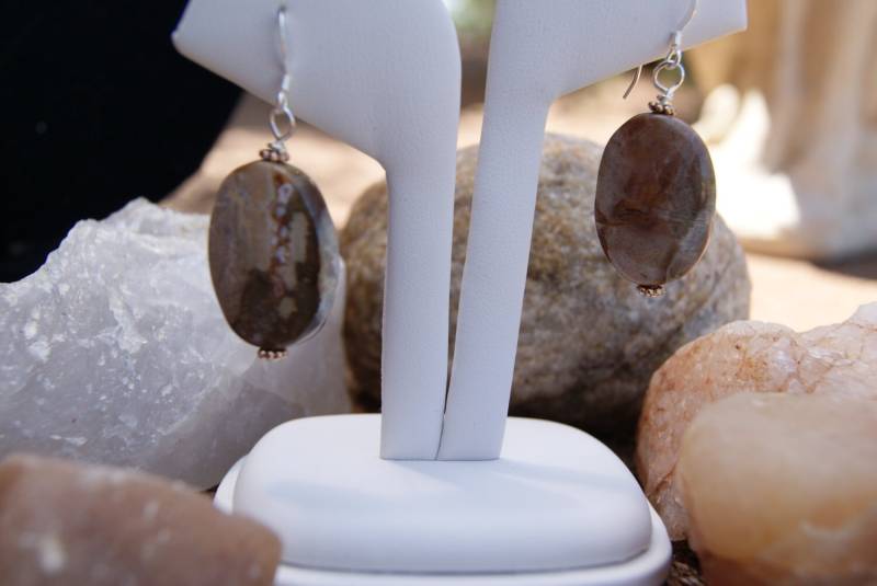 Große Ovale Ohrringe Aus Versteinertem Holz Mit Bronze-Akzenten Und Sterling Silber Fischhaken von Adyllic